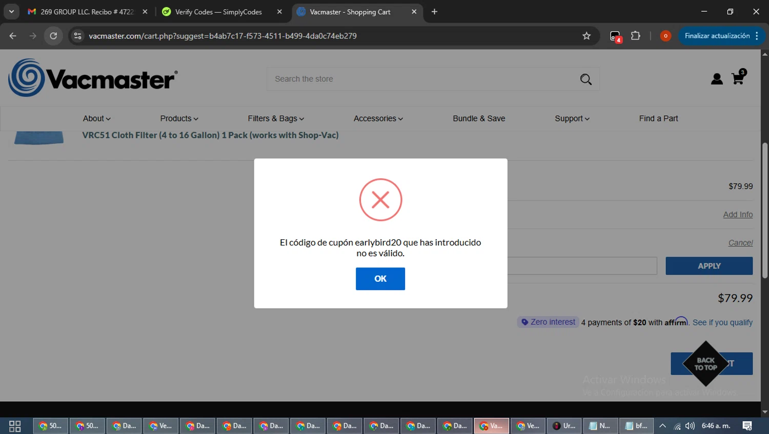 Vacmaster coupon code screenshot showing code EARLYBIRD20 applied at Vacmaster checkout page. Uploaded by SimplyCodes community member WiseTracker2171 on Dec 14, 2025