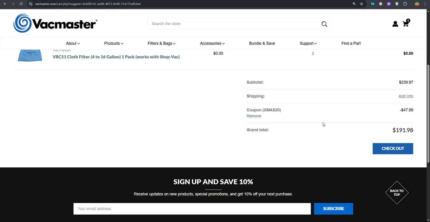 Vacmaster checkout page showing Vacmaster coupon code box | Screenshot taken by SimplyCodes community member on Dec 17, 2025