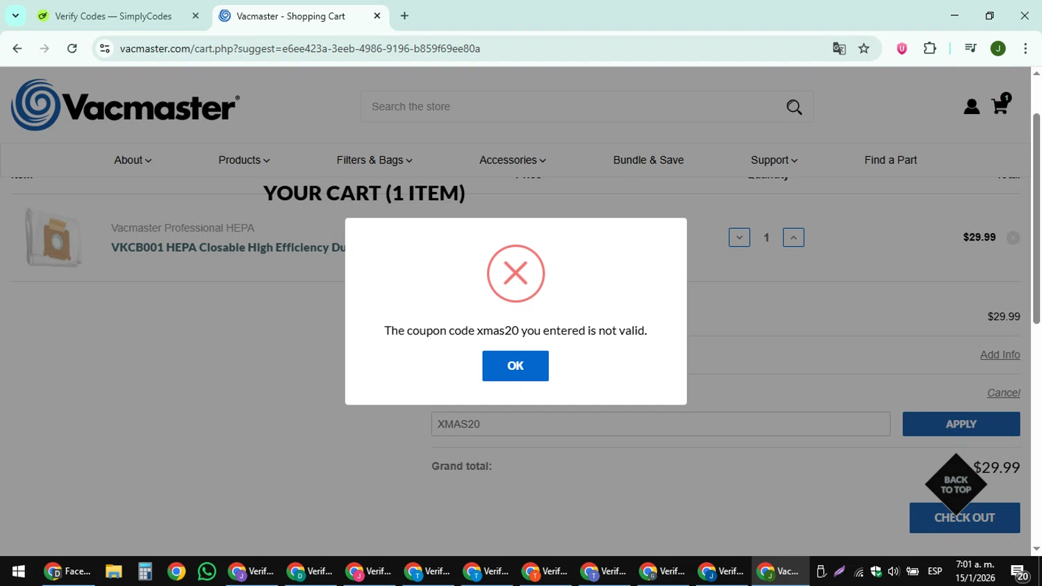 Vacmaster coupon code screenshot showing code XMAS20 applied at Vacmaster checkout page. Uploaded by SimplyCodes community member ShieldFinder369 on Jan 15, 2026