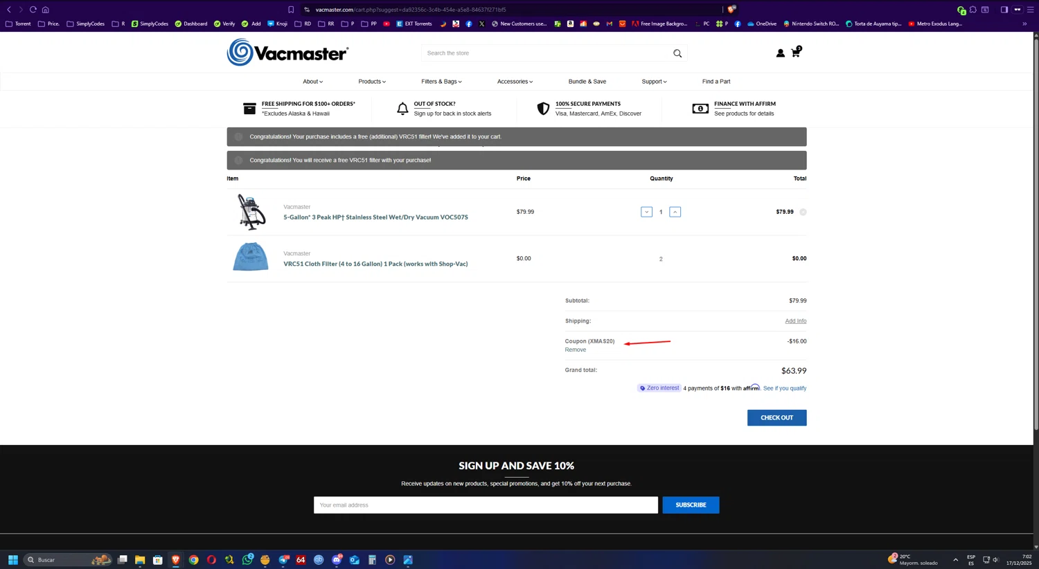 Vacmaster coupon code screenshot showing code XMAS20 applied at Vacmaster checkout page. Uploaded by SimplyCodes community member UnkNownVnzla on Dec 17, 2025
