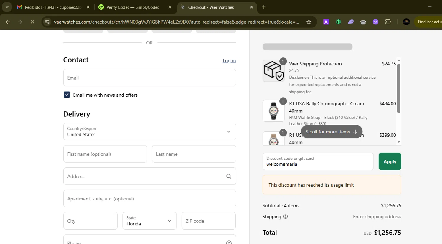 Vaer discount code screenshot showing code welcomemaria applied at Vaer checkout page. Uploaded by SimplyCodes community member SilverMonarch6357 on Jul 2, 2025