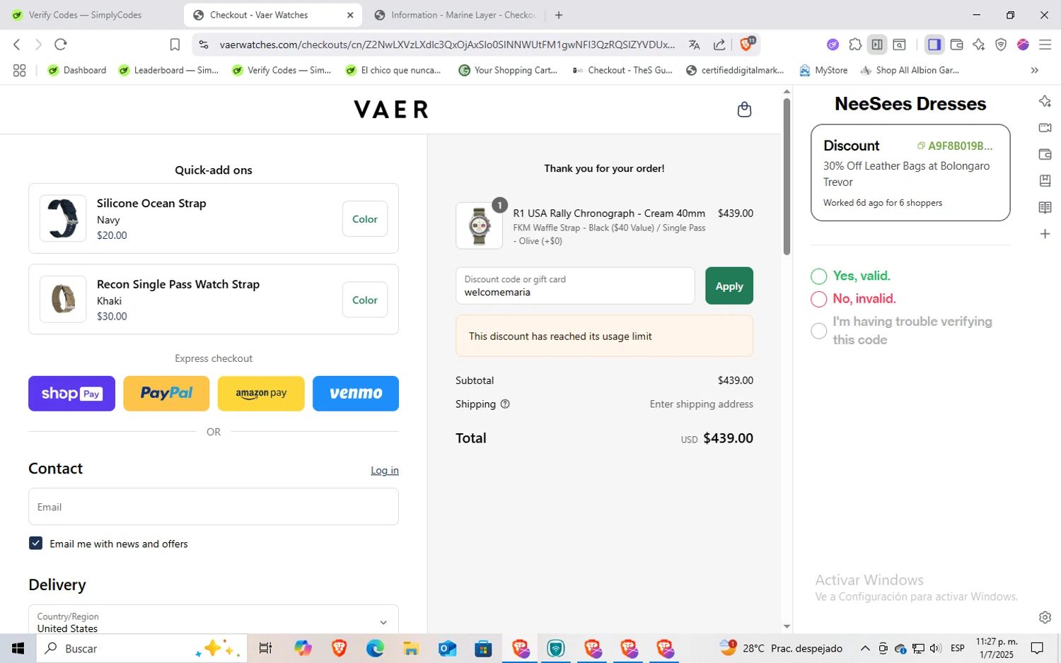 Vaer discount code screenshot showing code welcomemaria applied at Vaer checkout page. Uploaded by SimplyCodes community member Rayyyyyy on Jul 2, 2025