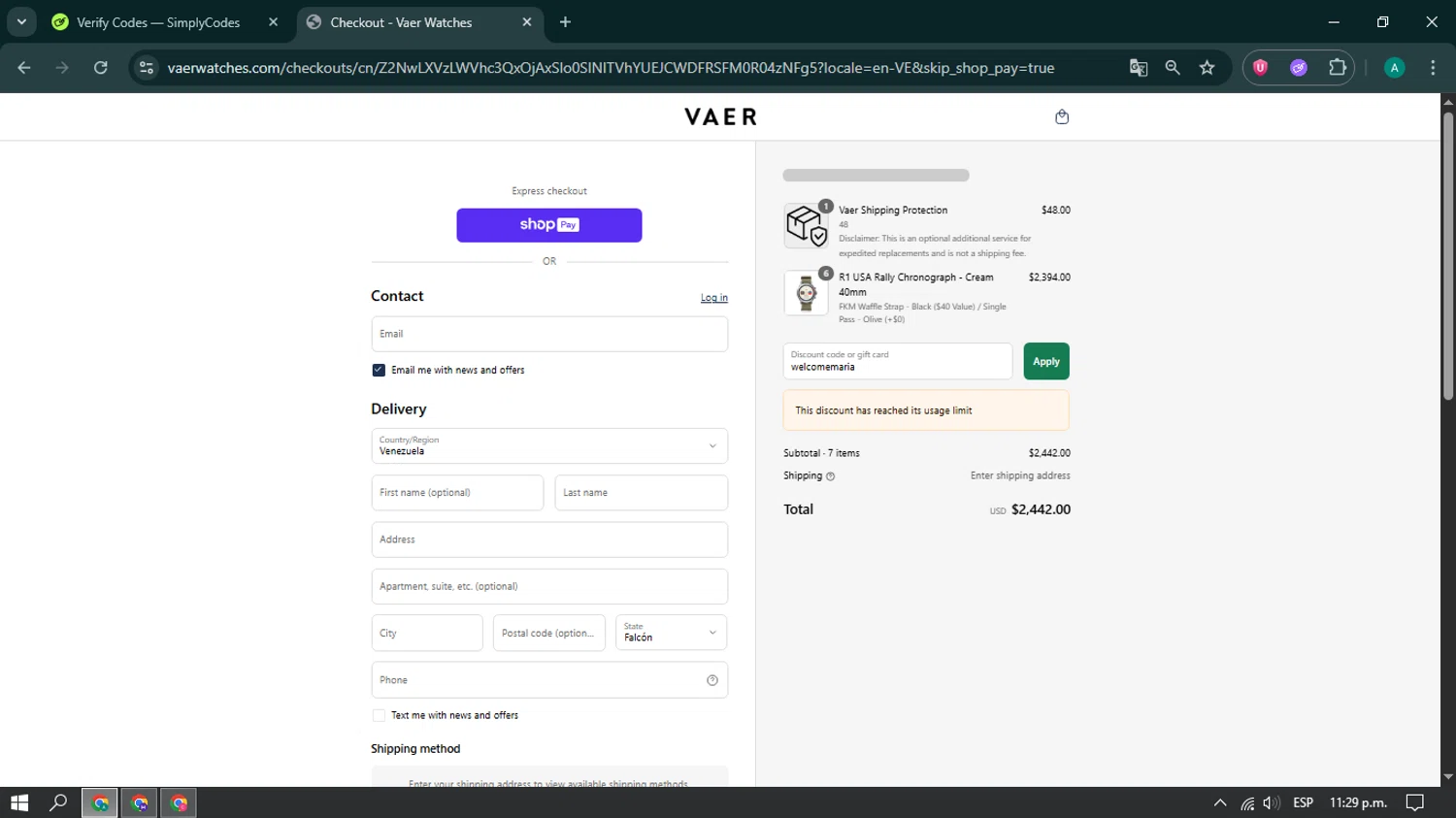 Vaer discount code screenshot showing code welcomemaria applied at Vaer checkout page. Uploaded by SimplyCodes community member brianoconner on Jul 2, 2025