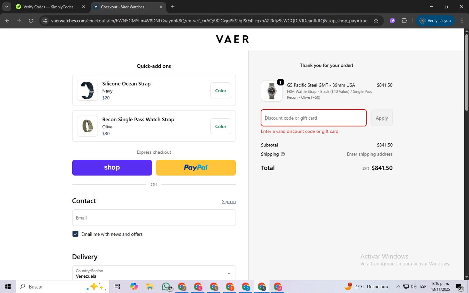 Vaer discount code screenshot showing code JOSHFENN10 applied at Vaer checkout page. Uploaded by SimplyCodes community member ScanSpotter8851 on Nov 14, 2025