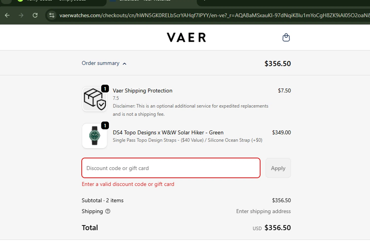 Vaer discount code screenshot showing code JOSHFENN10 applied at Vaer checkout page. Uploaded by SimplyCodes community member ShrewdBoss4152 on Nov 14, 2025