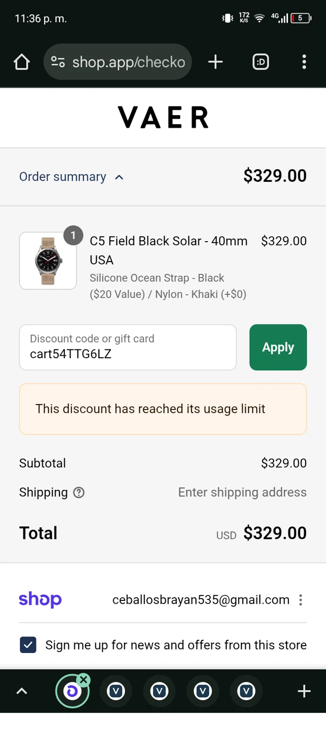 Vaer discount code screenshot showing code cart54TTG6LZ applied at Vaer checkout page. Uploaded by SimplyCodes community member Ryan_Garcia on Sep 16, 2025