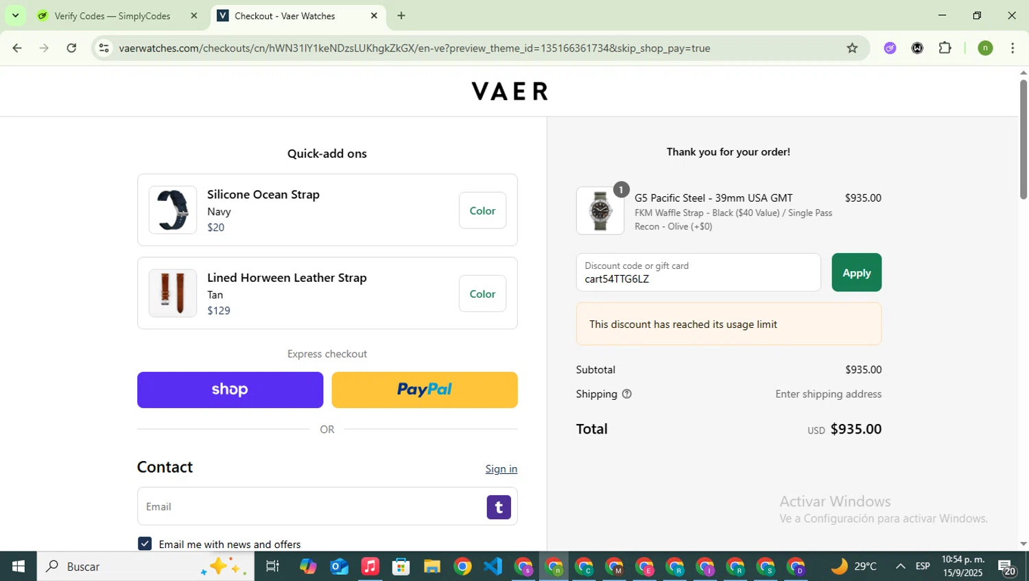 Vaer discount code screenshot showing code cart54TTG6LZ applied at Vaer checkout page. Uploaded by SimplyCodes community member SwiftSaver6197 on Sep 16, 2025