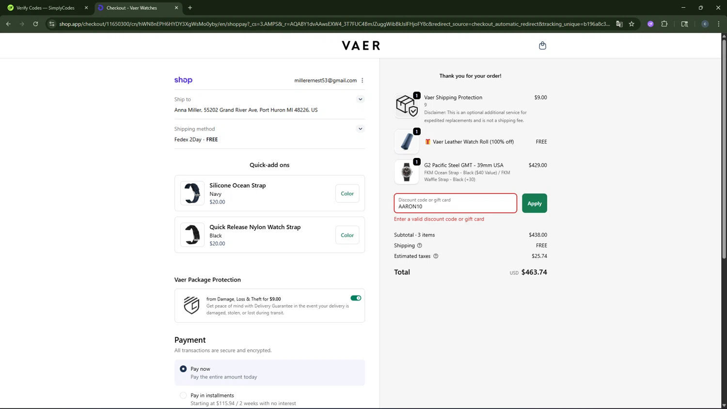 Vaer discount code screenshot showing code AARON10 applied at Vaer checkout page. Uploaded by SimplyCodes community member CouponAce2971 on Feb 15, 2026