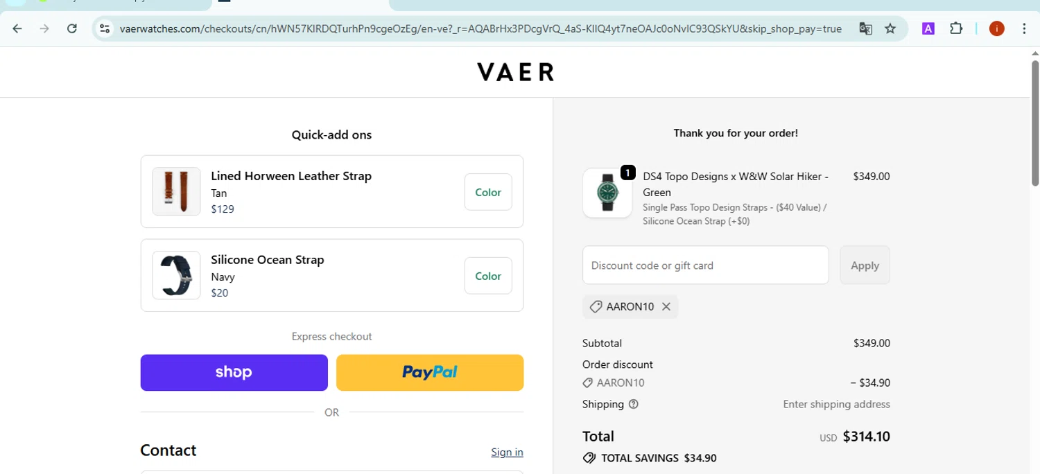 Vaer discount code screenshot showing code AARON10 applied at Vaer checkout page. Uploaded by SimplyCodes community member SmartMaestro6853 on Nov 10, 2025