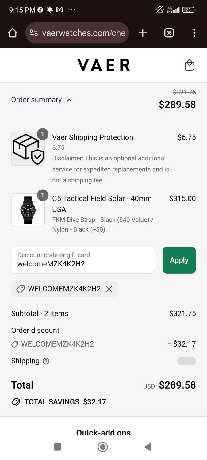 Vaer discount code screenshot showing code welcomeMZK4K2H2 applied at Vaer checkout page. Uploaded by SimplyCodes community member SaraiVillarroel on Jul 29, 2025