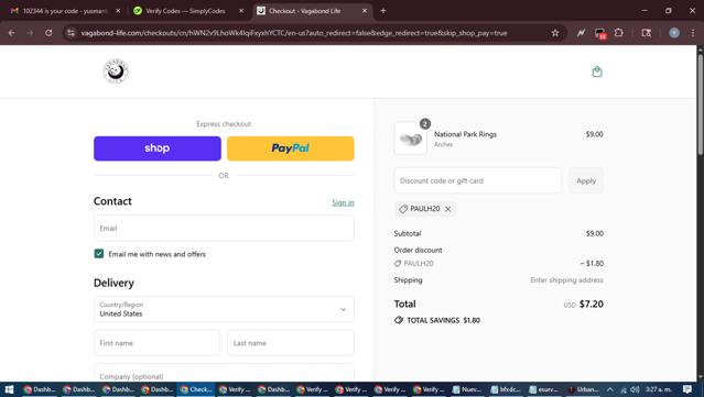 Vagabond Life checkout page showing Vagabond Life promo code box | Screenshot taken by SimplyCodes community member on Sep 13, 2025