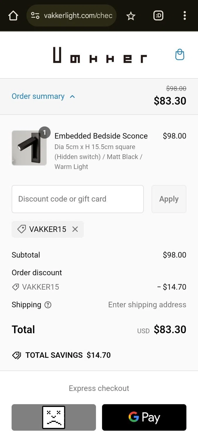 Vakker promo code screenshot showing code VAKKER15 applied at Vakker checkout page. Uploaded by SimplyCodes community member CleverPilot4885 on Feb 12, 2025