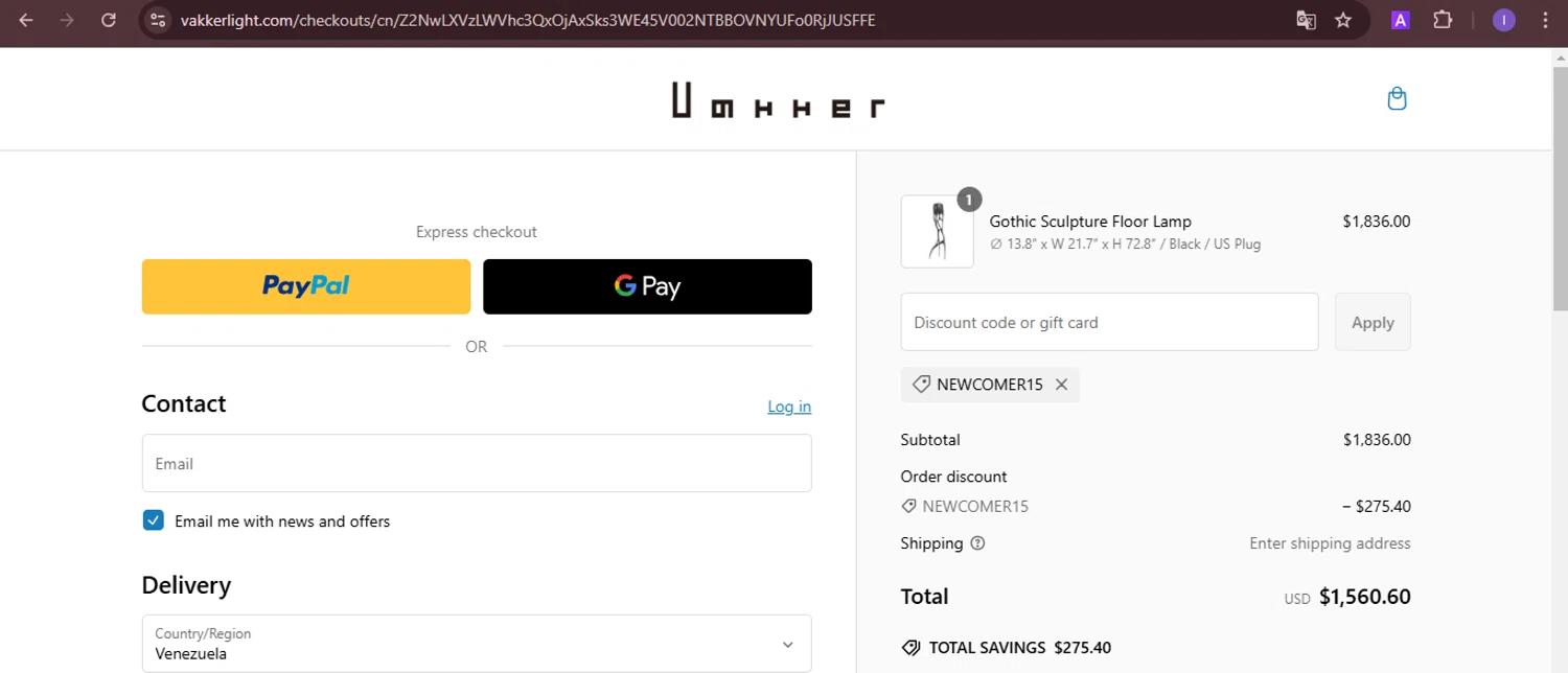 Vakker promo code screenshot showing code NEWCOMER15 applied at Vakker checkout page. Uploaded by SimplyCodes community member joineds on Feb 4, 2025
