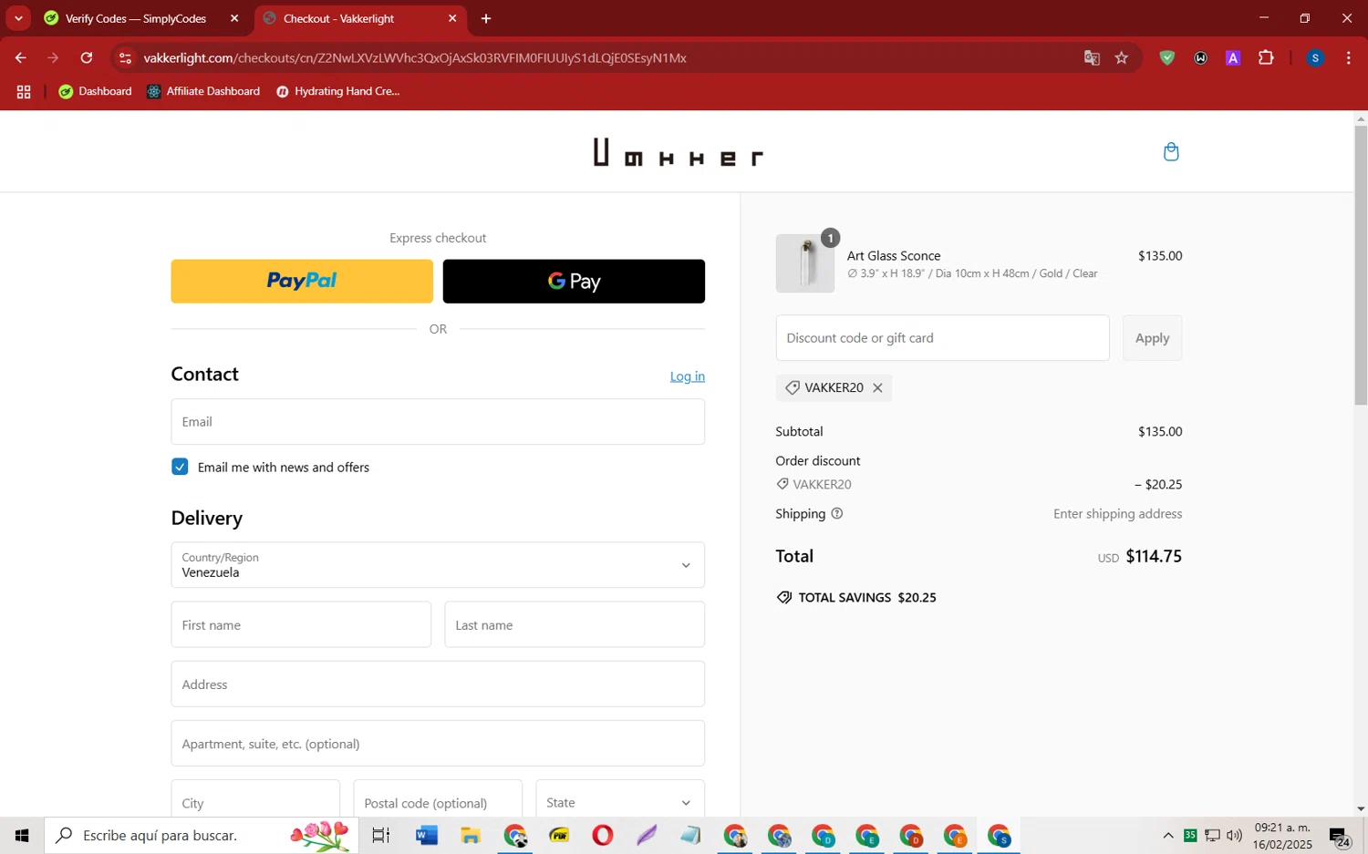 Vakker promo code screenshot showing code VAKKER20 applied at Vakker checkout page. Uploaded by SimplyCodes community member CleverOwl2485 on Feb 16, 2025