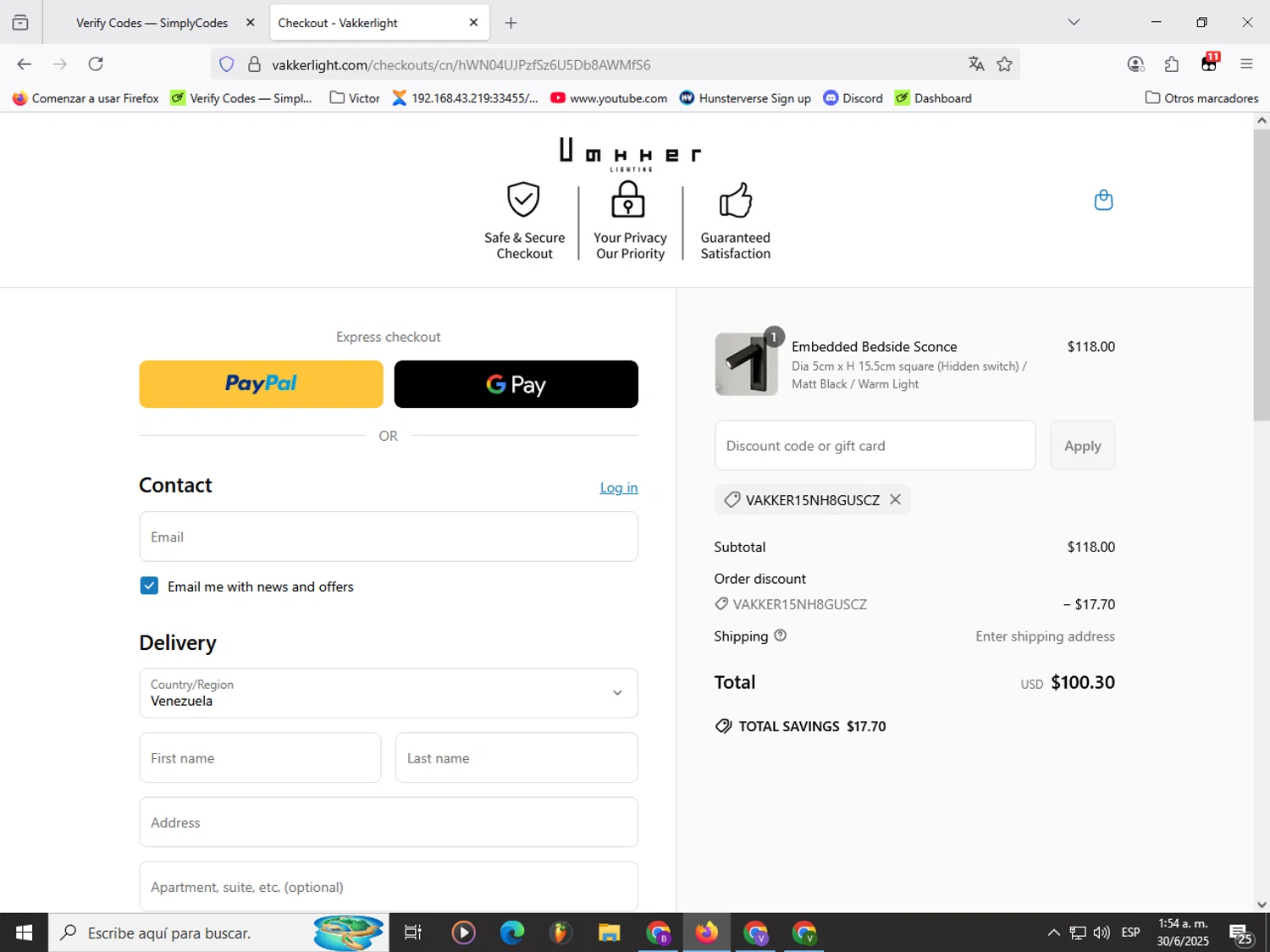 Vakker promo code screenshot showing code vakker15NH8GUscZ applied at Vakker checkout page. Uploaded by SimplyCodes community member Garou_Y2K on Jun 30, 2025