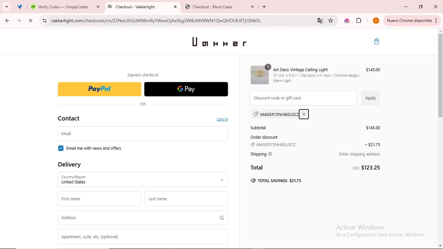 Vakker promo code screenshot showing code vakker15NH8GUscZ applied at Vakker checkout page. Uploaded by SimplyCodes community member ExtraordinarySaver9637 on Jan 10, 2025
