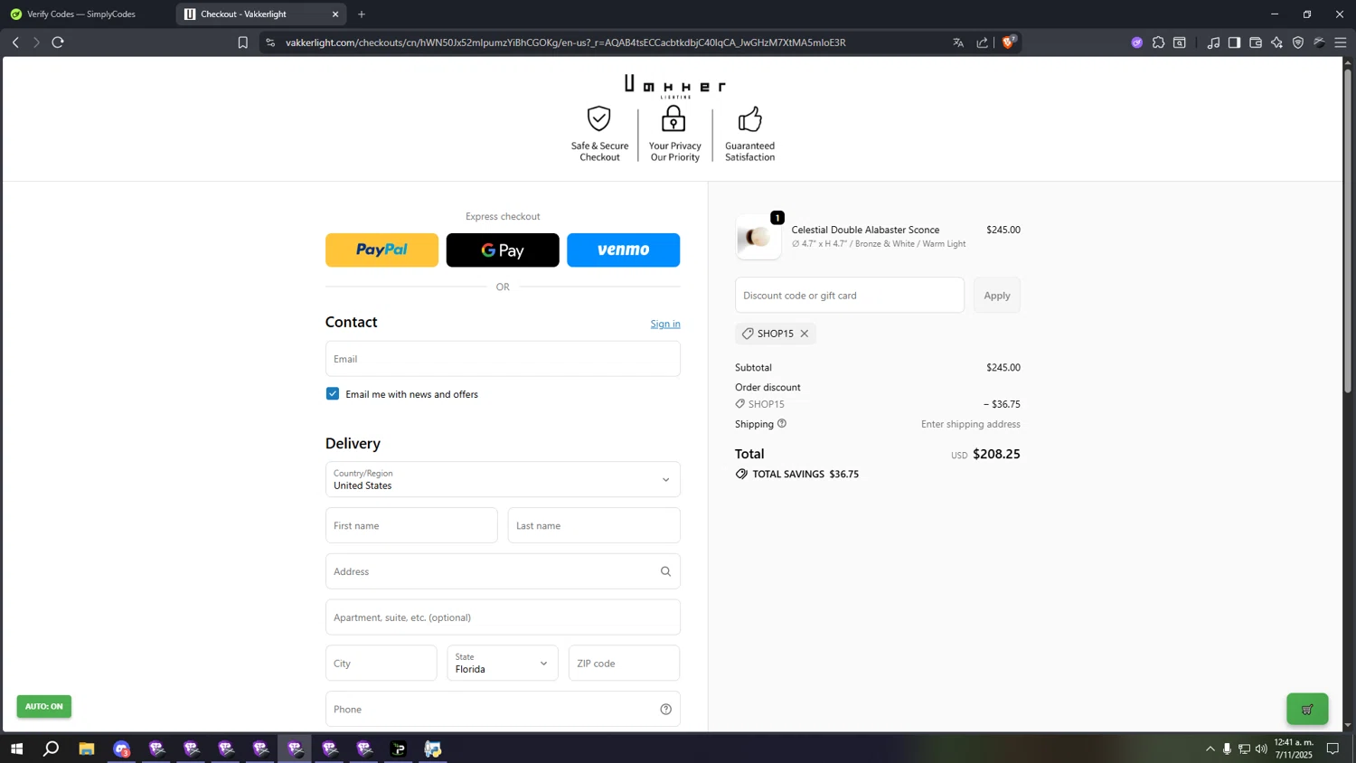 Vakker promo code screenshot showing code SHOP15 applied at Vakker checkout page. Uploaded by SimplyCodes community member sssssssssssssssssss on Nov 7, 2025