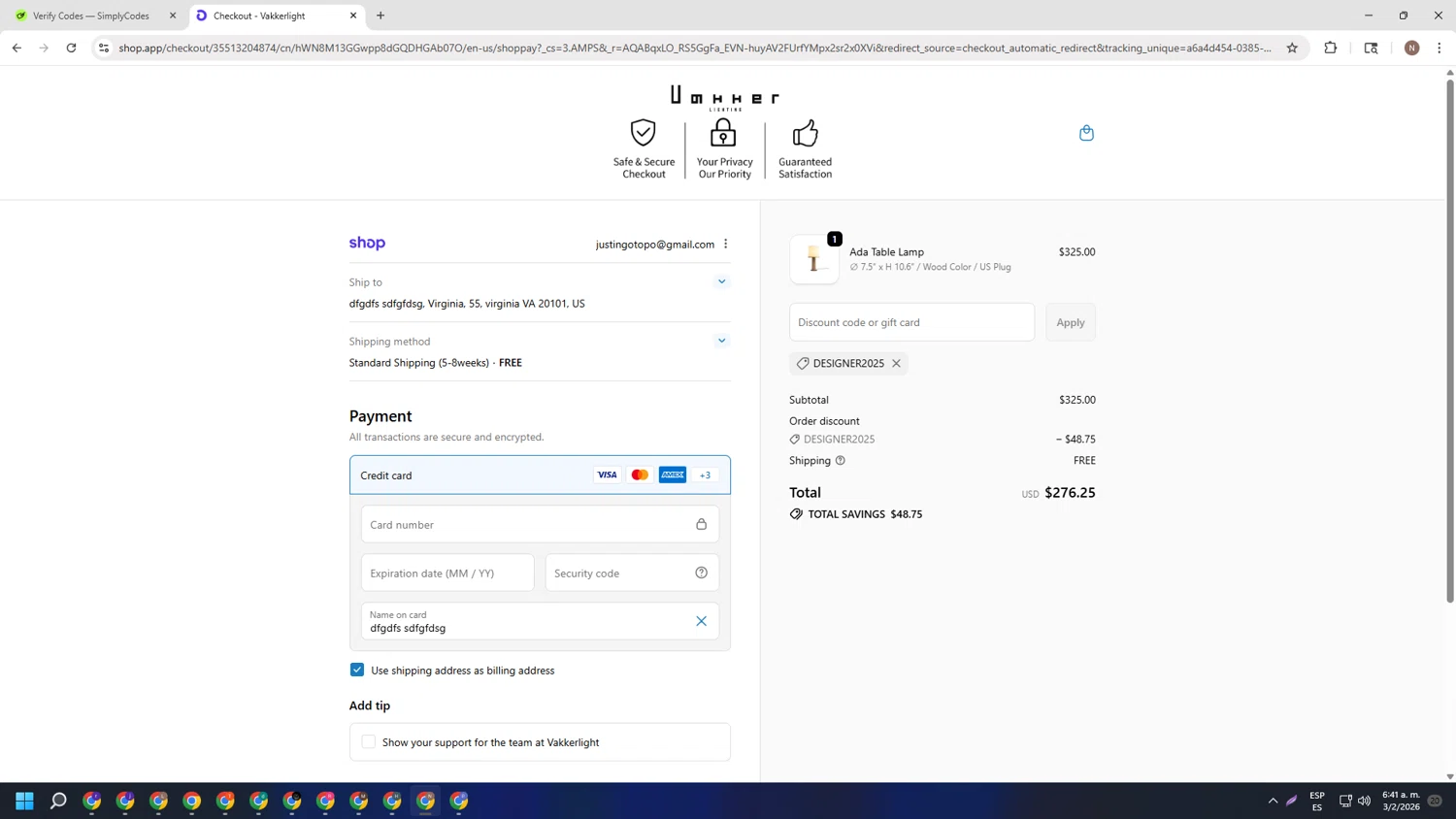 Vakker checkout page showing Vakker promo code box | Screenshot taken by SimplyCodes community member on Feb 3, 2026