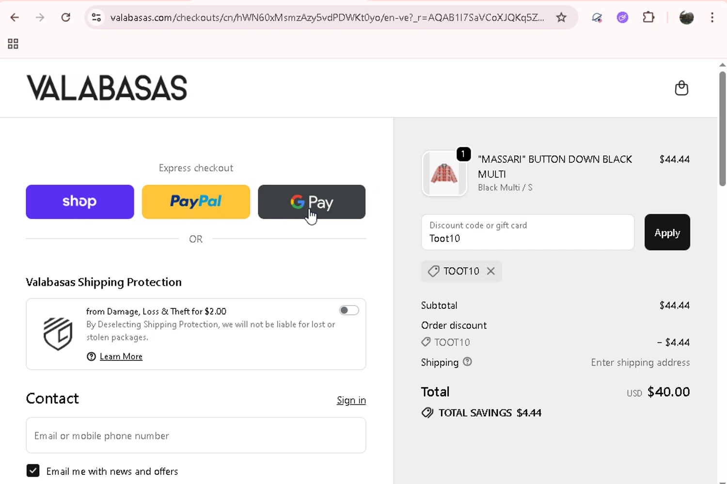 Valabasas Denim promo code screenshot showing code Toot10 applied at Valabasas Denim checkout page. Uploaded by SimplyCodes community member onebullet on Dec 3, 2025