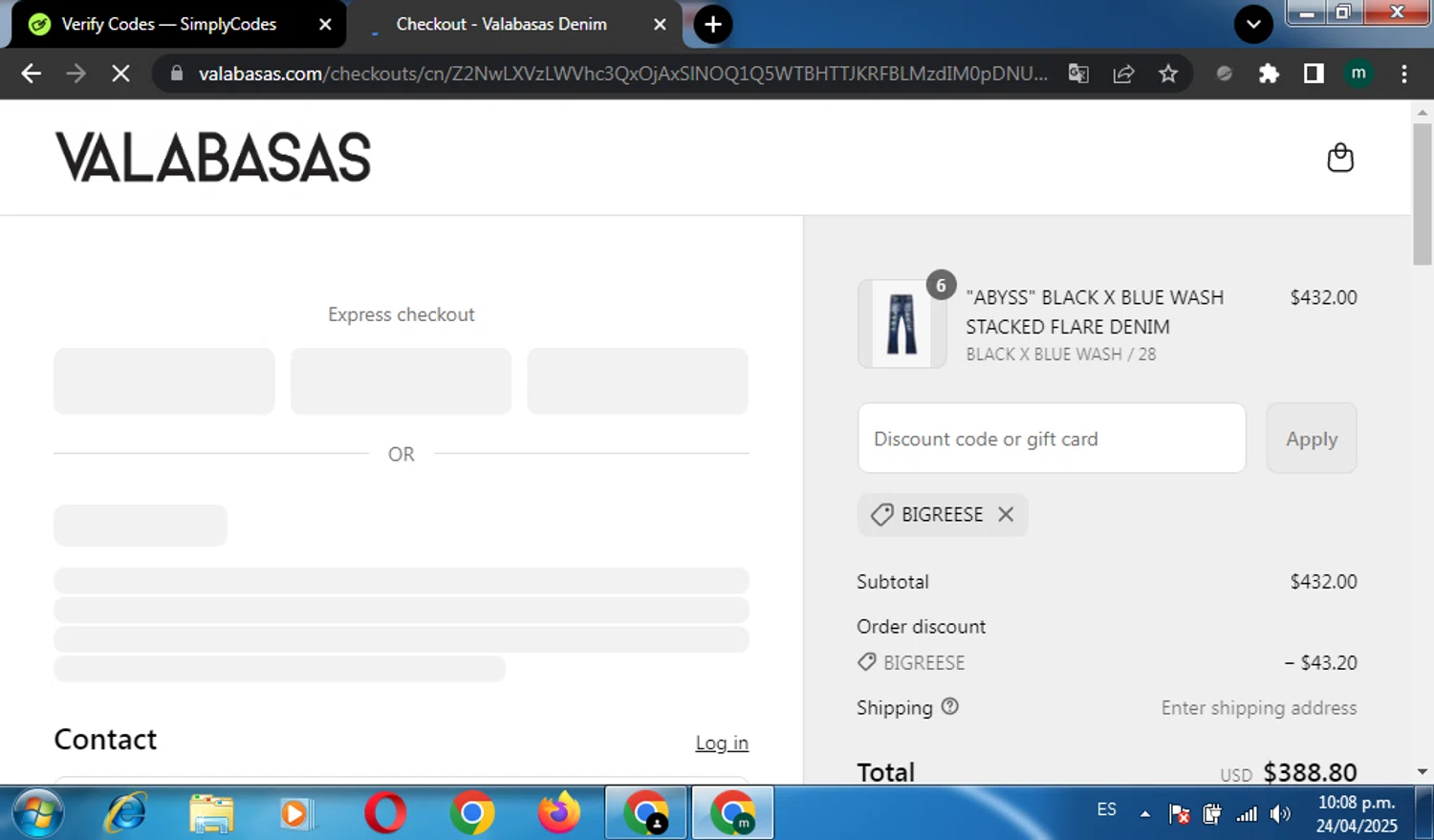 Valabasas Denim promo code screenshot showing code BIGREESE applied at Valabasas Denim checkout page. Uploaded by SimplyCodes community member miguel01 on Apr 25, 2025