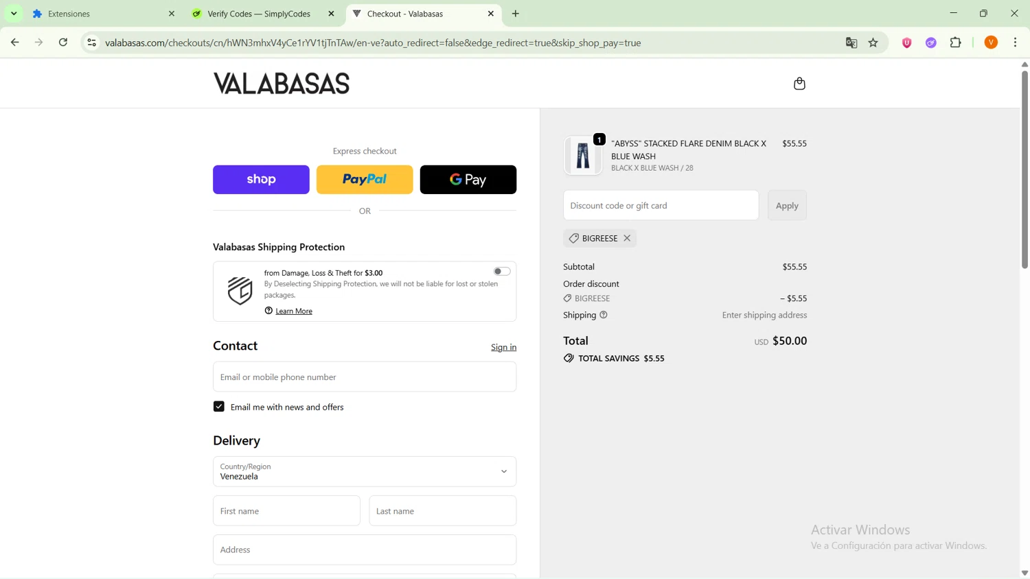 Valabasas Denim promo code screenshot showing code BIGREESE applied at Valabasas Denim checkout page. Uploaded by SimplyCodes community member SavingsFinder9954 on Oct 6, 2025