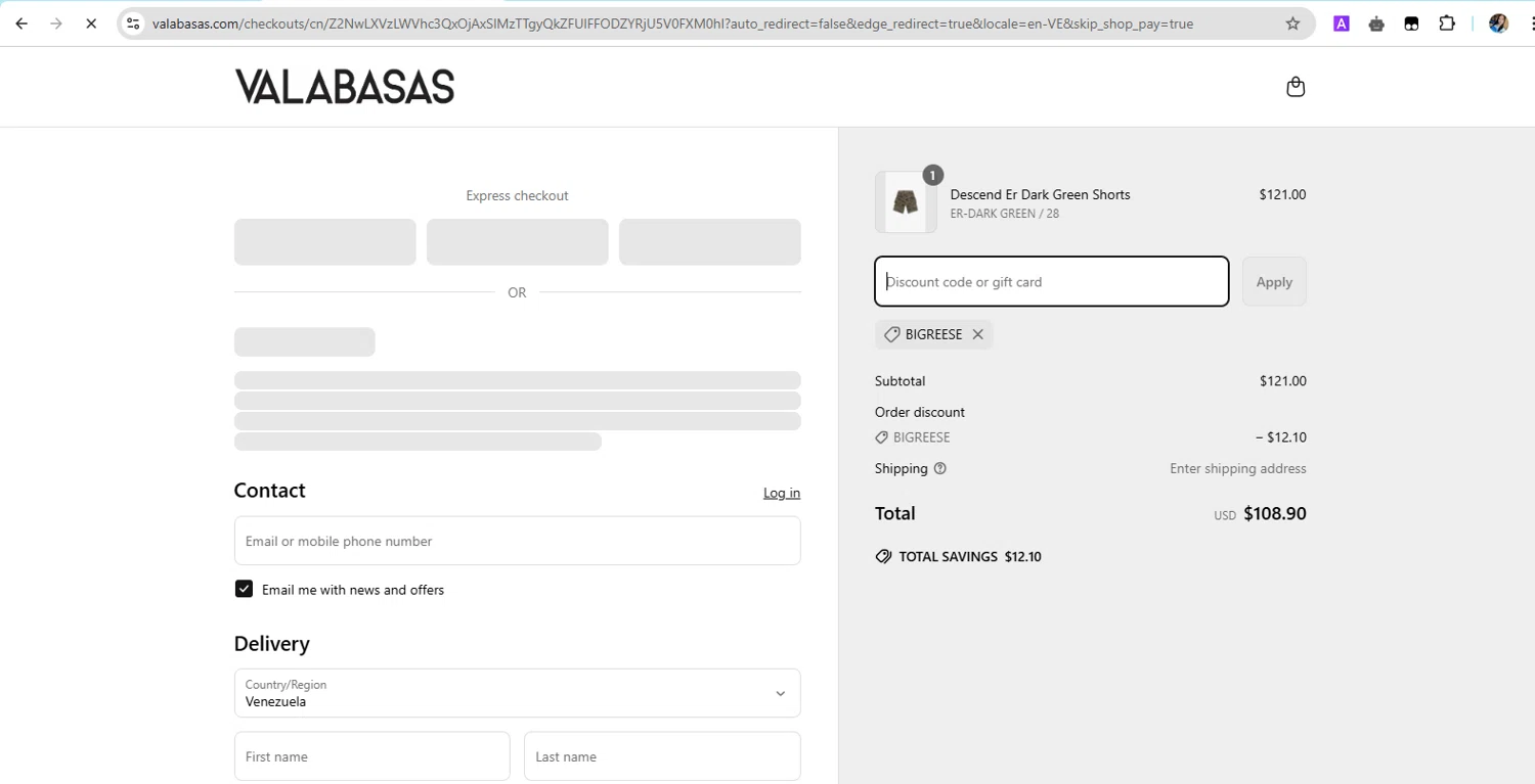 Valabasas Denim promo code screenshot showing code BIGREESE applied at Valabasas Denim checkout page. Uploaded by SimplyCodes community member YHLQMDLGN on Apr 18, 2025