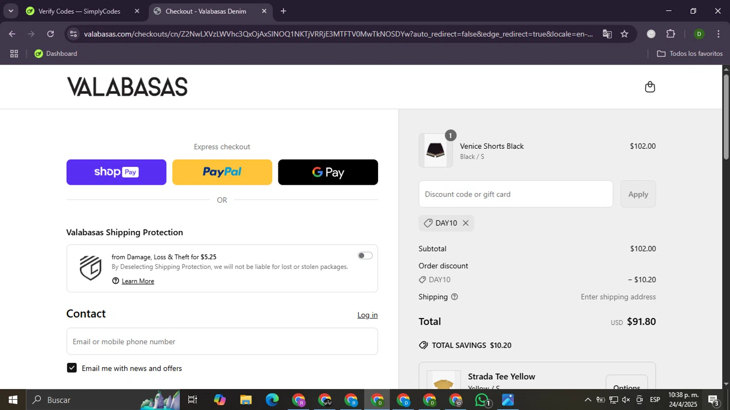 Valabasas Denim promo code screenshot showing code DAY10 applied at Valabasas Denim checkout page. Uploaded by SimplyCodes community member Daemon06 on Apr 25, 2025