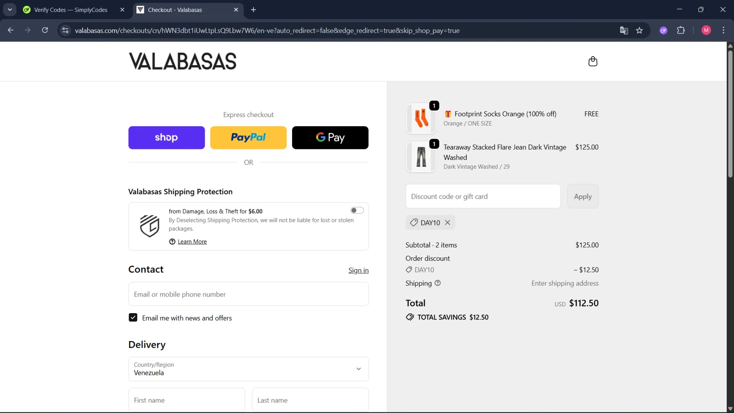 Valabasas Denim promo code screenshot showing code DAY10 applied at Valabasas Denim checkout page. Uploaded by SimplyCodes community member ValueCollector4159 on Oct 2, 2025