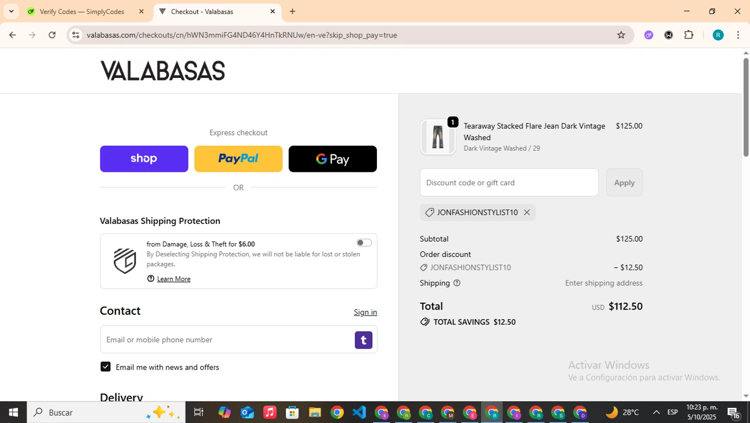 Valabasas Denim promo code screenshot showing code JONFASHIONSTYLIST10 applied at Valabasas Denim checkout page. Uploaded by SimplyCodes community member BudgetHero4407 on Oct 6, 2025