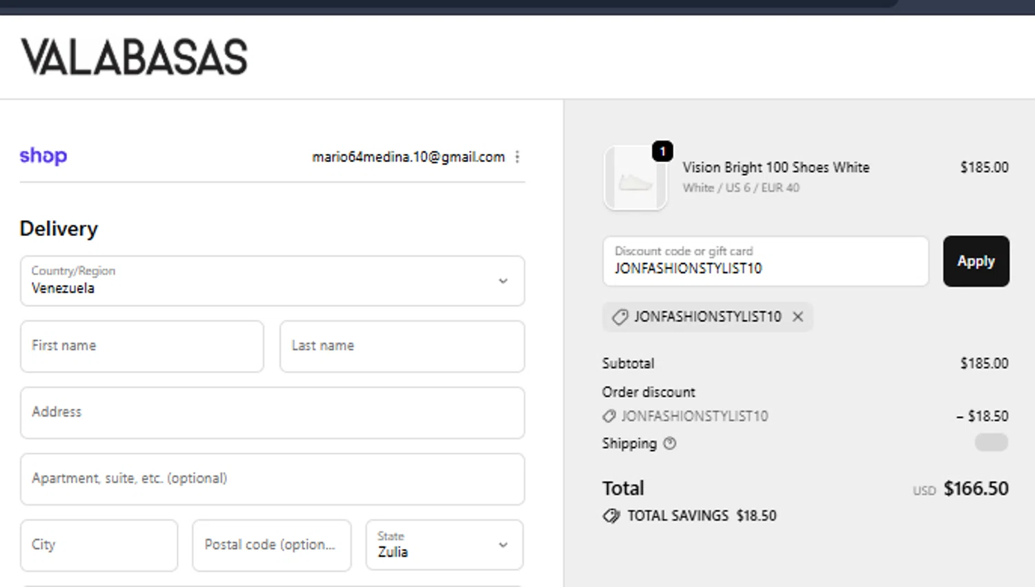 Valabasas Denim promo code screenshot showing code JONFASHIONSTYLIST10 applied at Valabasas Denim checkout page. Uploaded by SimplyCodes community member Diaz22 on Oct 6, 2025
