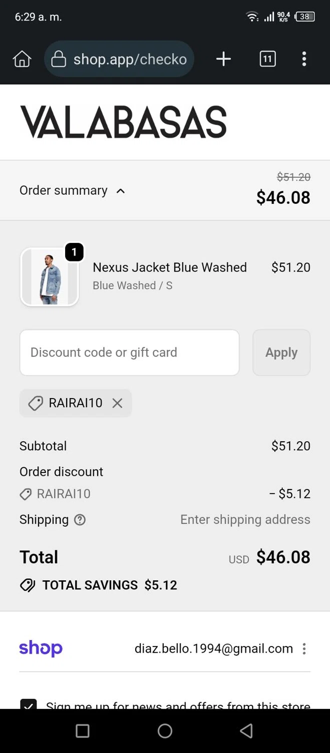 Valabasas Denim promo code screenshot showing code RAIRAI10 applied at Valabasas Denim checkout page. Uploaded by SimplyCodes community member AnthonyGuapeton94 on Nov 23, 2025