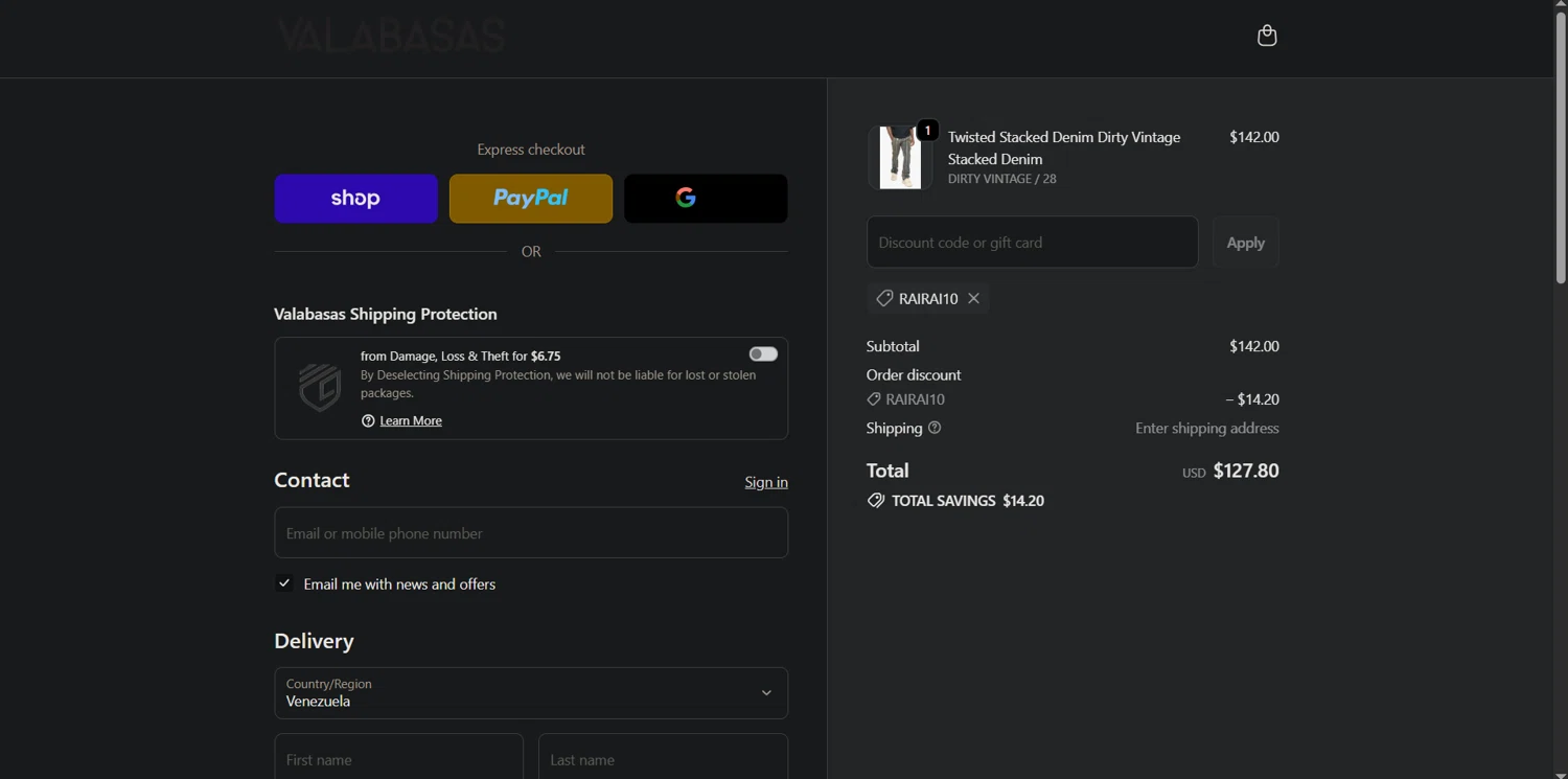 Valabasas Denim promo code screenshot showing code RAIRAI10 applied at Valabasas Denim checkout page. Uploaded by SimplyCodes community member Ray_YNN on Oct 6, 2025