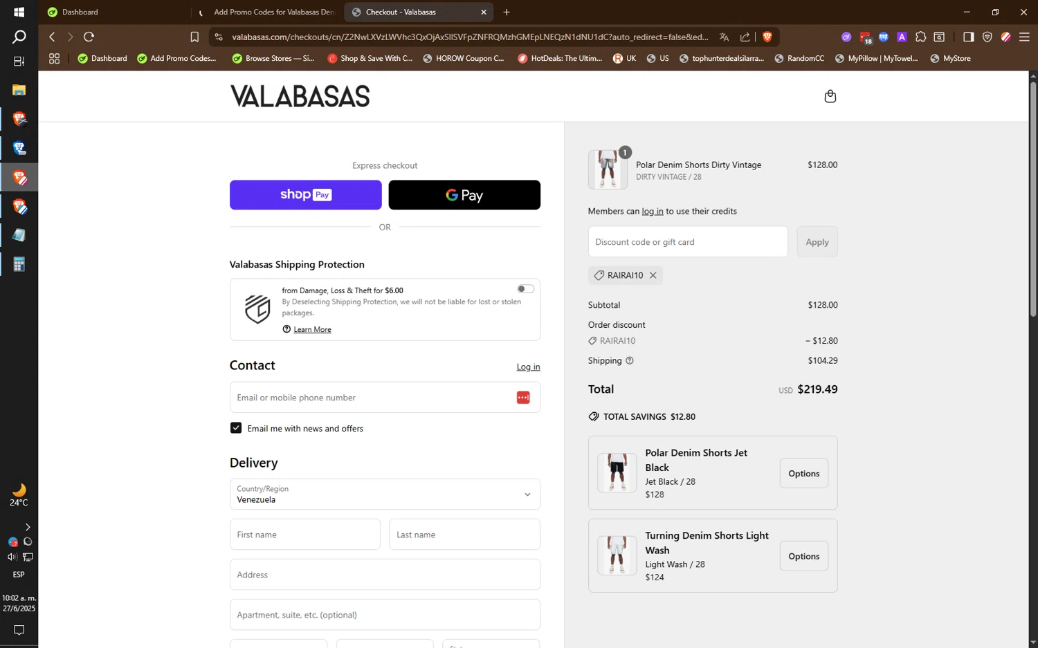 Valabasas Denim promo code screenshot showing code RAIRAI10 applied at Valabasas Denim checkout page. Uploaded by SimplyCodes community member IronMind4607 on Jun 27, 2025