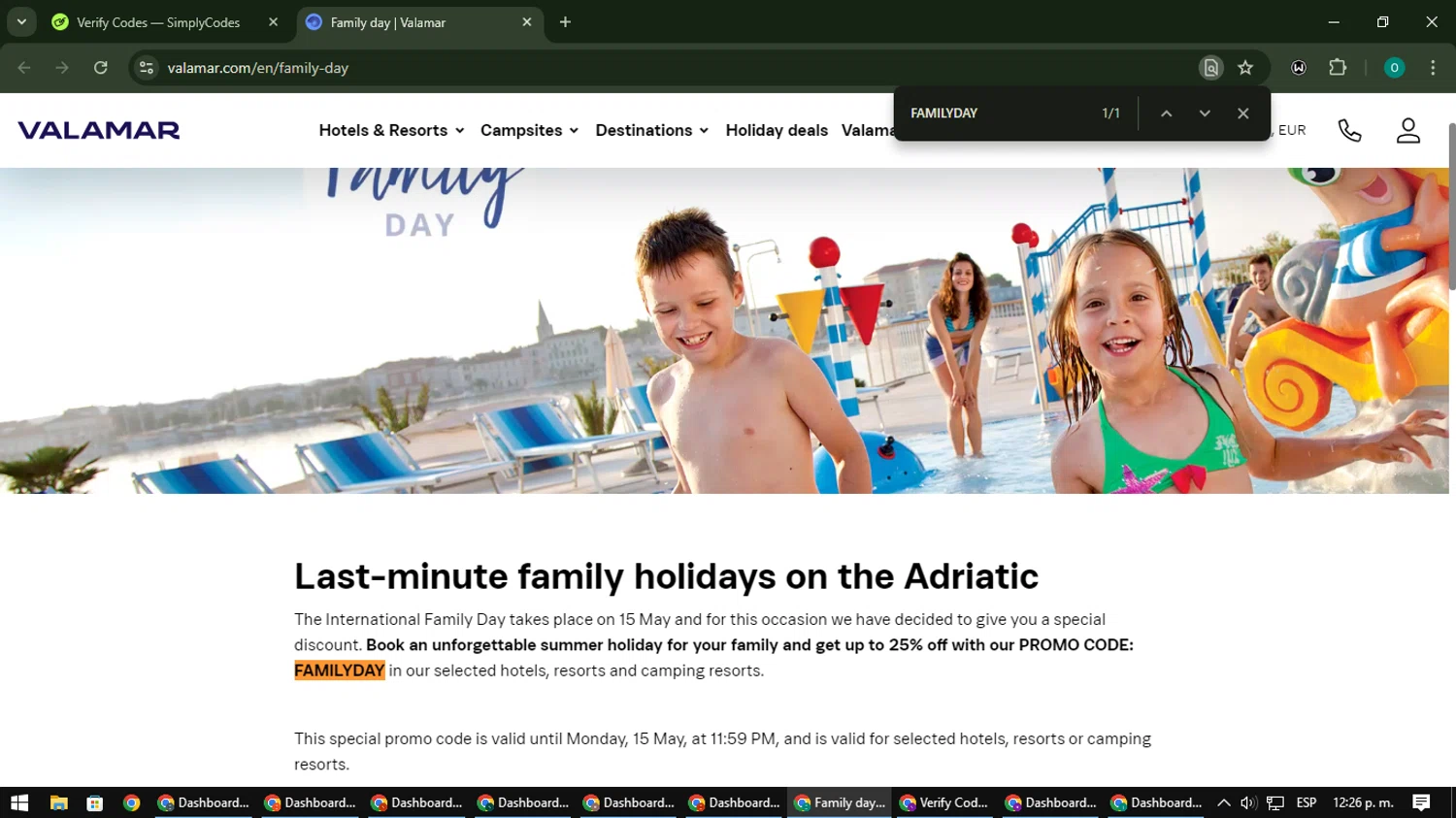 Valamar Hotels & Resorts promo code screenshot showing code FAMILYDAY applied at Valamar Hotels & Resorts checkout page. Uploaded by SimplyCodes community member LuckyDefender9428 on Feb 7, 2025