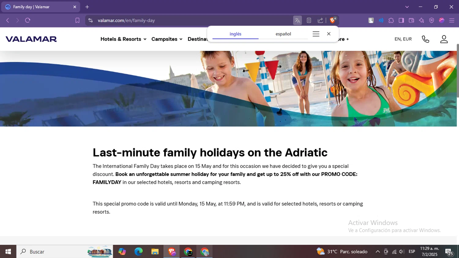Valamar Hotels & Resorts promo code screenshot showing code FAMILYDAY applied at Valamar Hotels & Resorts checkout page. Uploaded by SimplyCodes community member LegendaryPro7106 on Feb 7, 2025