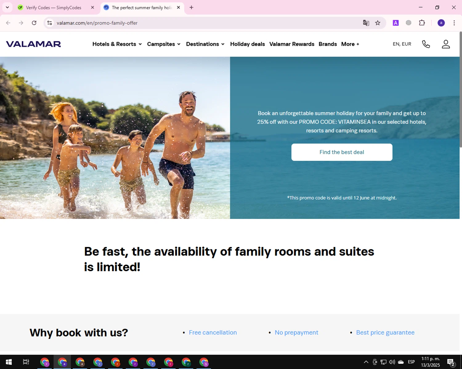 Valamar Hotels & Resorts checkout page showing Valamar Hotels & Resorts promo code box | Screenshot taken by SimplyCodes community member on Mar 13, 2025