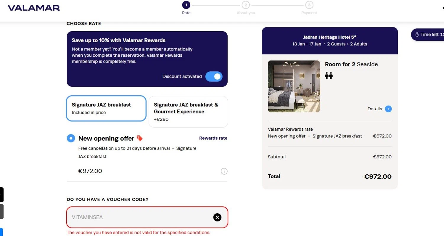 Valamar Hotels & Resorts promo code screenshot showing code VITAMINSEA applied at Valamar Hotels & Resorts checkout page. Uploaded by SimplyCodes community member Quemiras on Aug 16, 2025