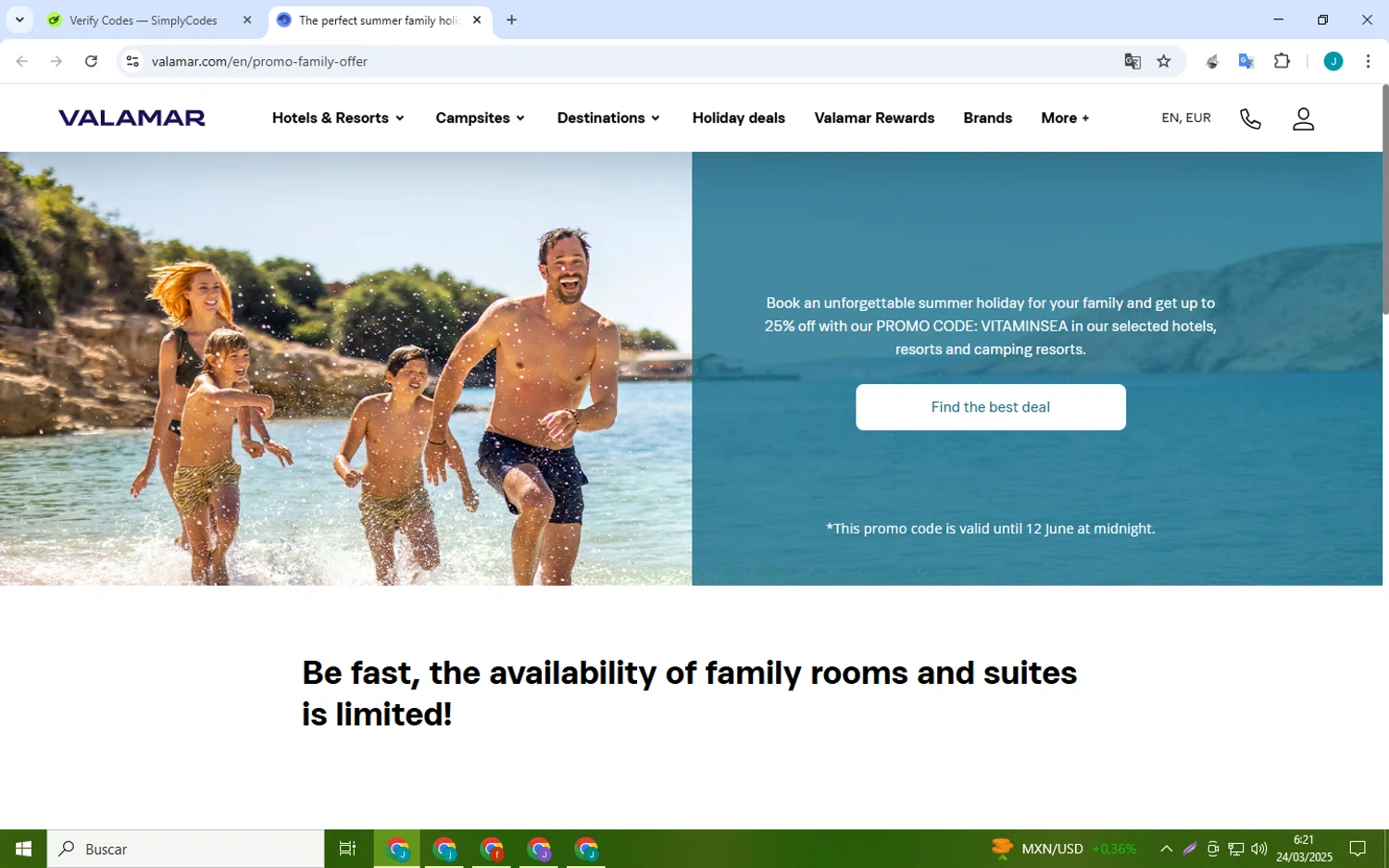 Valamar Hotels & Resorts checkout page showing Valamar Hotels & Resorts promo code box | Screenshot taken by SimplyCodes community member on Mar 24, 2025