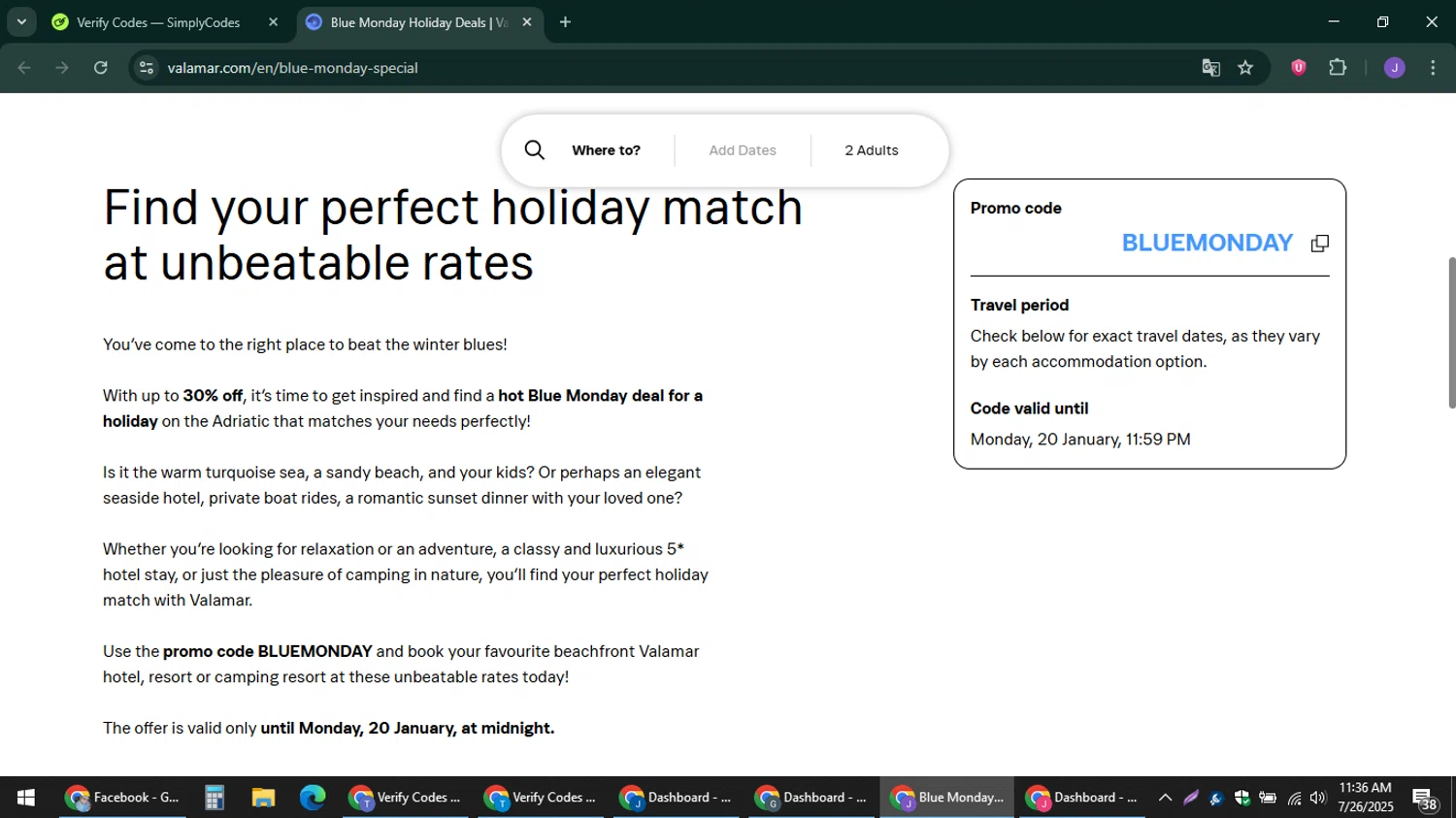 Valamar Hotels & Resorts promo code screenshot showing code BLUEMONDAY applied at Valamar Hotels & Resorts checkout page. Uploaded by SimplyCodes community member sniderjack453 on Jul 26, 2025
