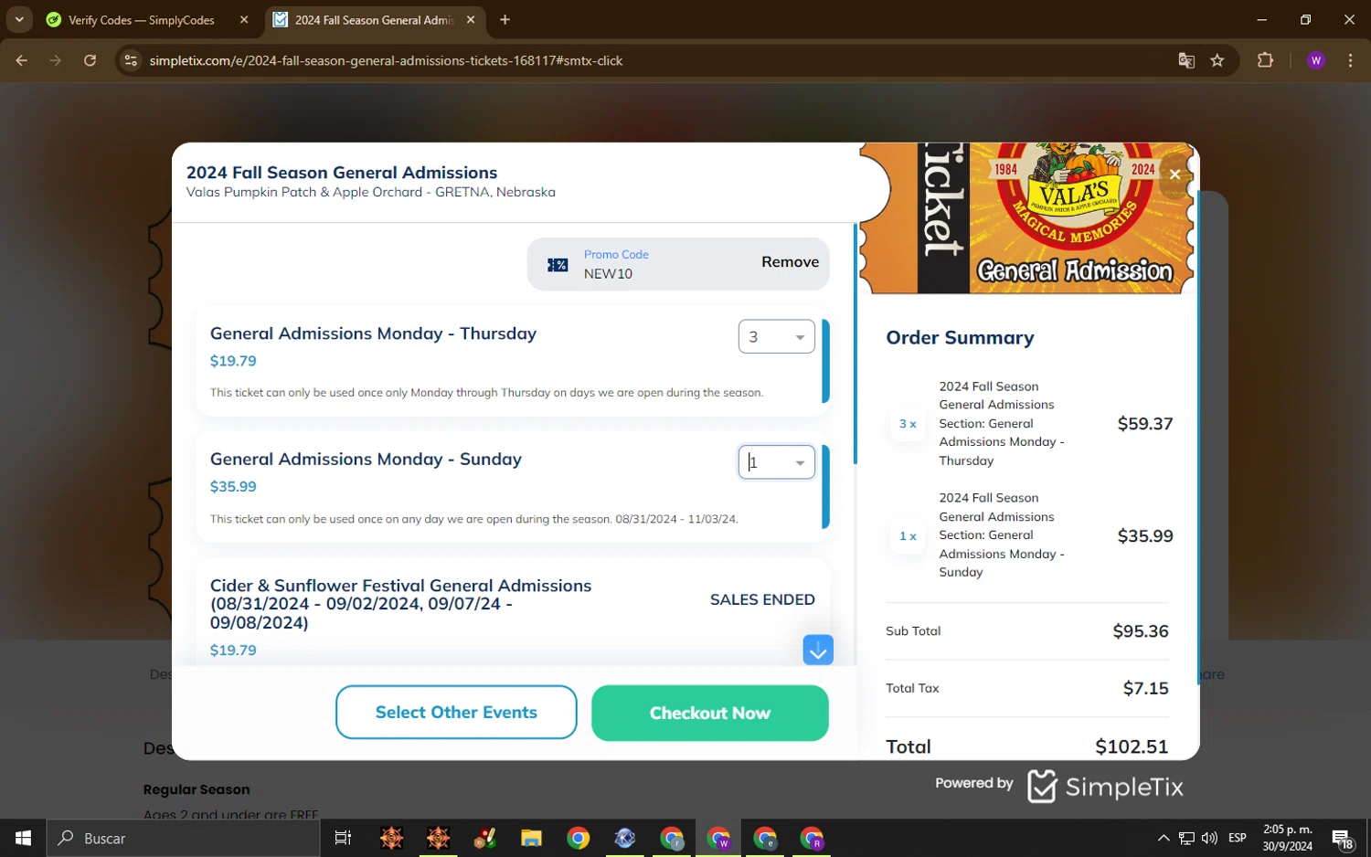 Vala's Pumpkin Patch checkout page showing Vala's Pumpkin Patch promo code box | Screenshot taken by SimplyCodes community member on Sep 30, 2024