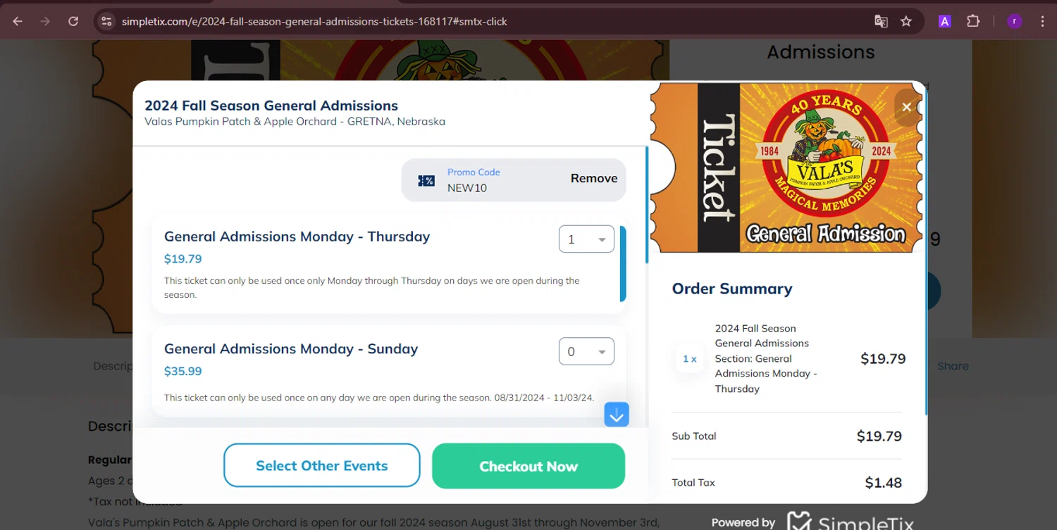 Vala's Pumpkin Patch checkout page showing Vala's Pumpkin Patch promo code box | Screenshot taken by SimplyCodes community member on Oct 1, 2024