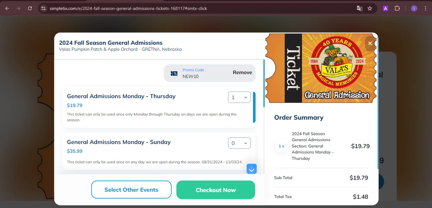 Vala's Pumpkin Patch checkout page showing Vala's Pumpkin Patch promo code box | Screenshot taken by SimplyCodes community member on Oct 1, 2024