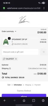 Vale Forever coupon verification screenshot