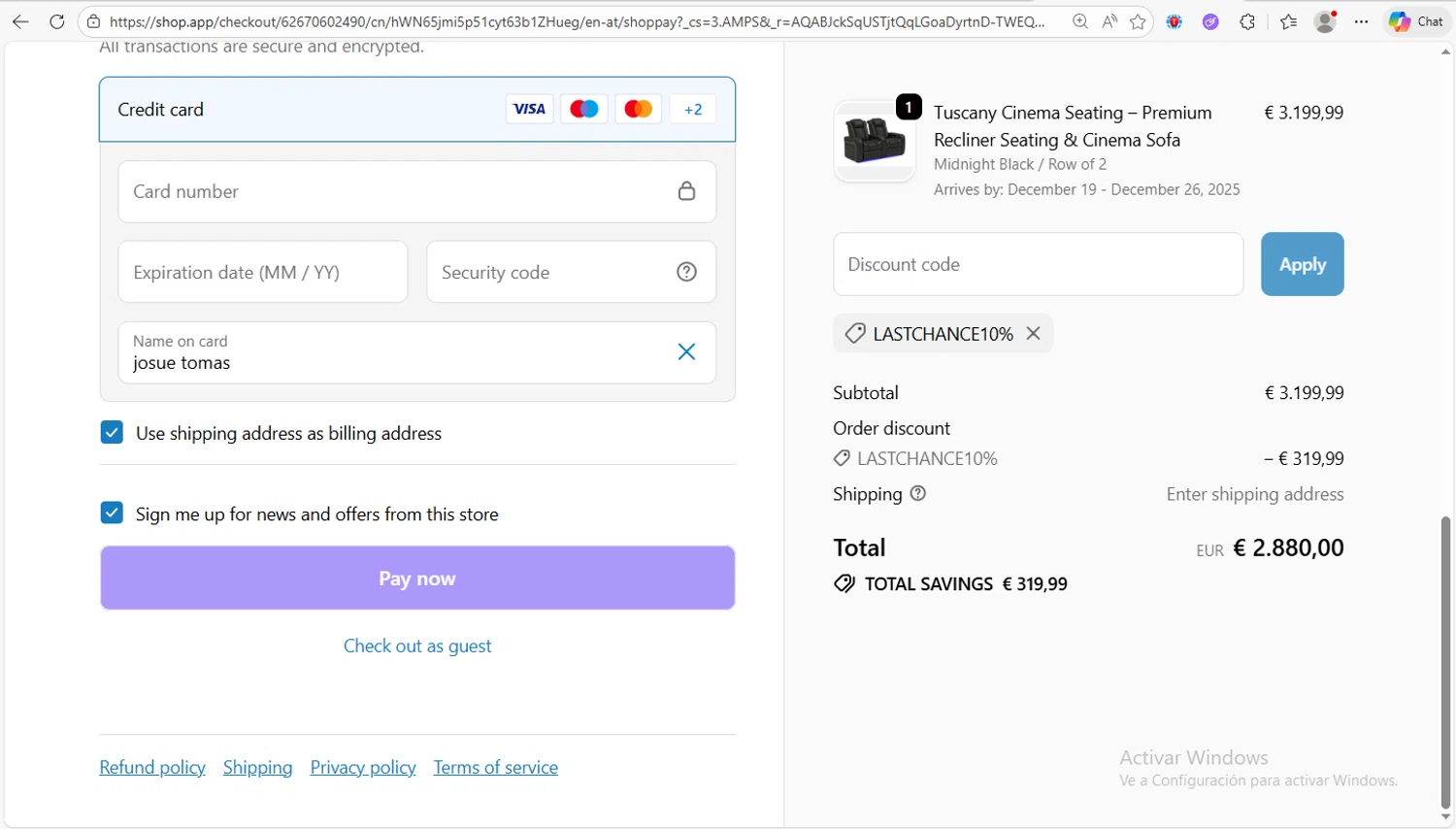 Valencia Theater Seating discount code screenshot showing code LASTCHANCE10% applied at Valencia Theater Seating checkout page. Uploaded by SimplyCodes community member Franco20 on Dec 5, 2025