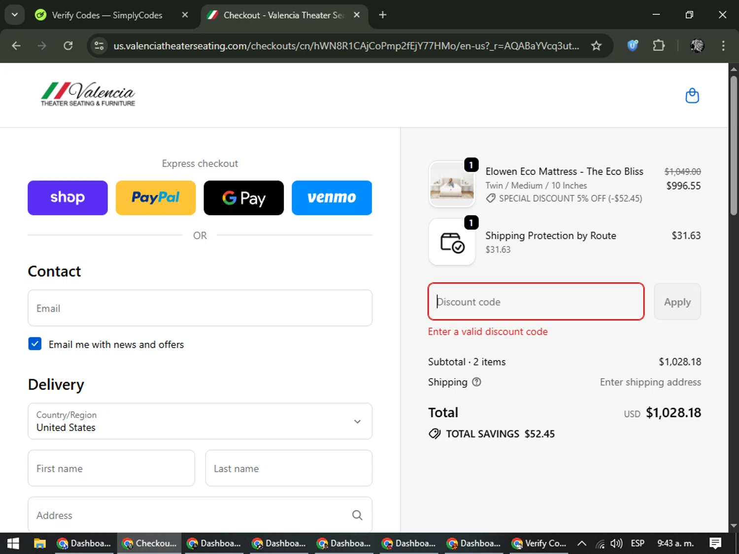 Valencia Theater Seating discount code screenshot showing code LASTCHANCE10% applied at Valencia Theater Seating checkout page. Uploaded by SimplyCodes community member PrimeKnight6101 on Feb 5, 2026