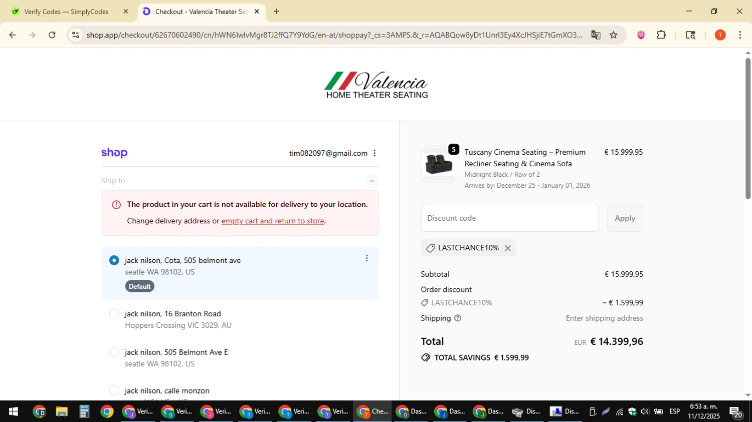 Valencia Theater Seating discount code screenshot showing code LASTCHANCE10% applied at Valencia Theater Seating checkout page. Uploaded by SimplyCodes community member ShrewdAce8338 on Dec 11, 2025