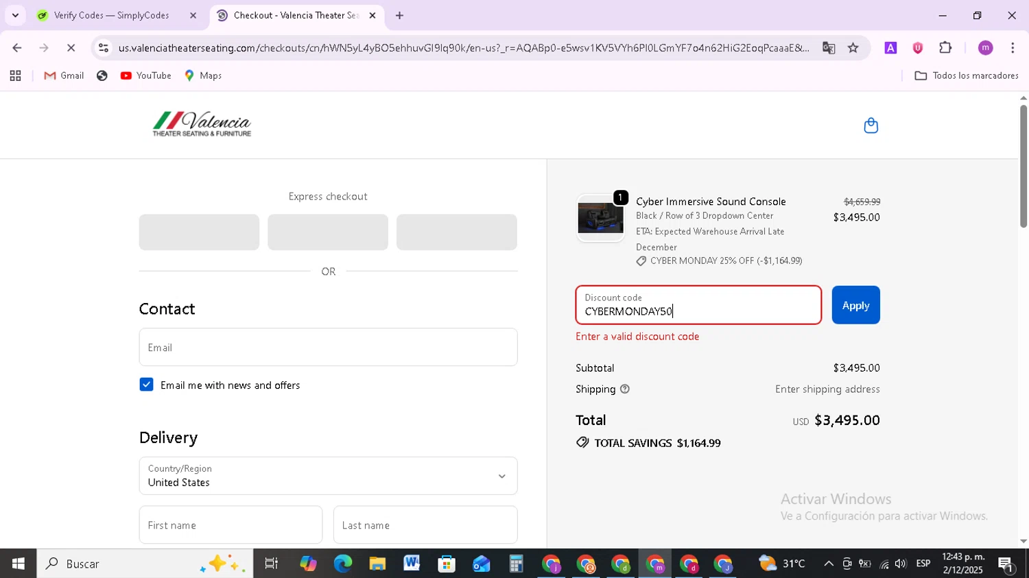 Valencia Theater Seating discount code screenshot showing code CYBERMONDAY50 applied at Valencia Theater Seating checkout page. Uploaded by SimplyCodes community member BudgetMonarch8952 on Dec 2, 2025