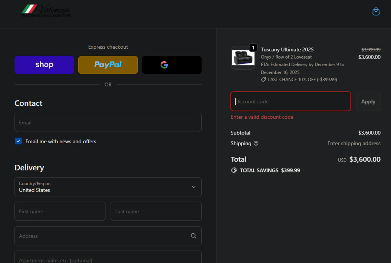 Valencia Theater Seating discount code screenshot showing code KL-776X8WR4 applied at Valencia Theater Seating checkout page. Uploaded by SimplyCodes community member Pollofrito on Dec 2, 2025