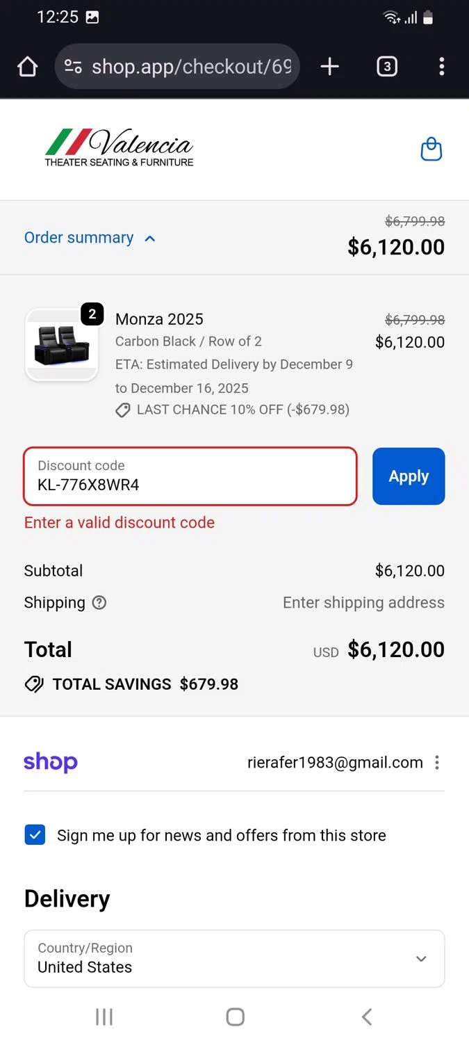 Valencia Theater Seating discount code screenshot showing code KL-776X8WR4 applied at Valencia Theater Seating checkout page. Uploaded by SimplyCodes community member tulioriera on Dec 2, 2025