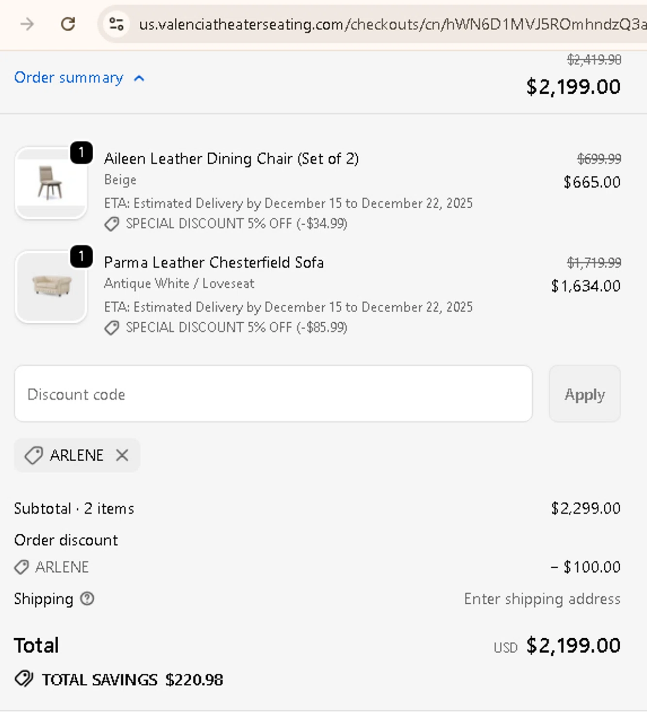 Valencia Theater Seating discount code screenshot showing code ARLENE applied at Valencia Theater Seating checkout page. Uploaded by SimplyCodes community member AMANDA2681 on Dec 8, 2025